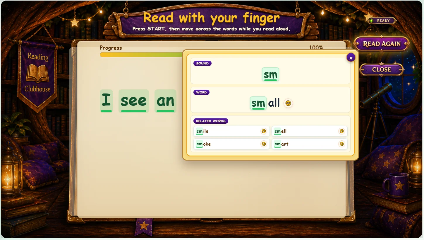 SpeakSmart Reading Clubhouse — 發音分析畫面